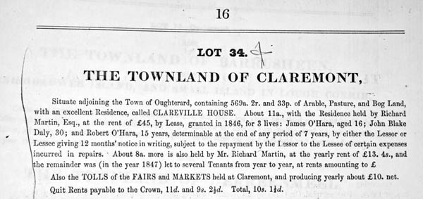Auction notice c.1851. Martin estate, Clareville House