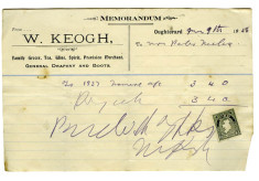Shop receipt, W. Keogh. Peter Melia, Derrylaura 1928