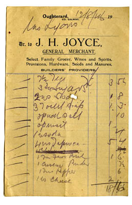 Shop receipt J.H. Joyce. Thomas Lyons, Tullaboy