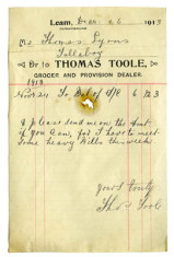 shop receipt Thomas Toole 1913. Thomas Lyons, Tullaboy