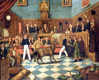 Richard Martin with the donkey in an astonished courtroom, leading to the world's first known conviction for animal cruelty
