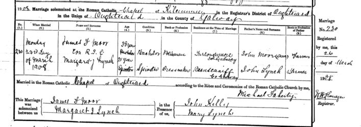 Marriage record Margaret Lynch & James Moor 1908
