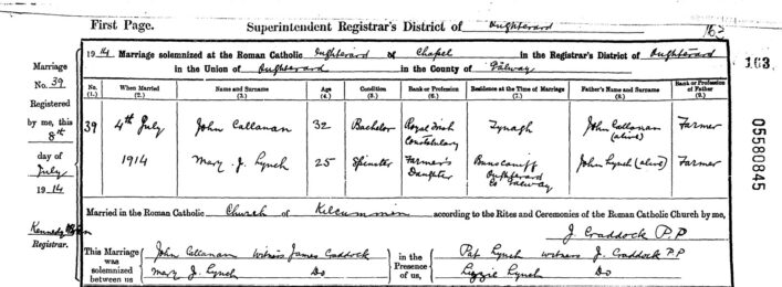 Marriage record Mary Lynch & John Callanan 1914