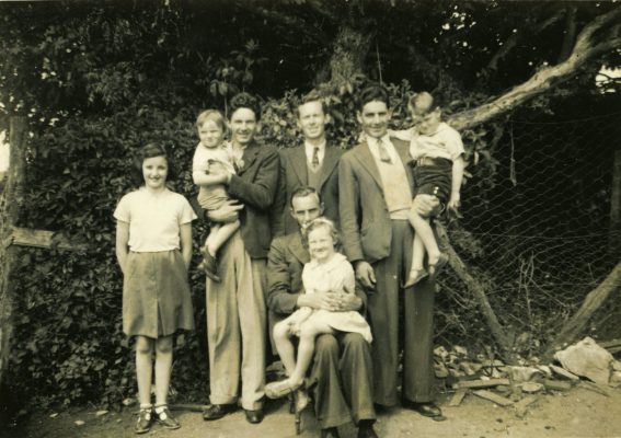 From left: Evelyn (Faherty) Tuck, Jim O'Connor with Lal Faherty in his arms, Tom O'Connor, Johnny O'Connor with Padraig Faherty in his arms. Front sitting: Richard Faherty with his niece Mary Faherty | Padraig Faherty