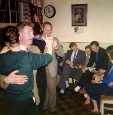Roger Finnerty dancing with the lady in green, Tom O'Connor also dancing in the Faherty Kitchen in Camp Street | Padraig Faherty