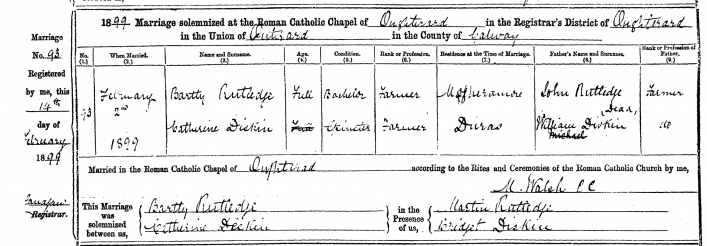 Marriage record of Bartley & Catherine