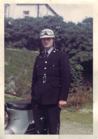 Garda Peter Cunningham in his motorbike uniform on duty in Donegal, 1967.