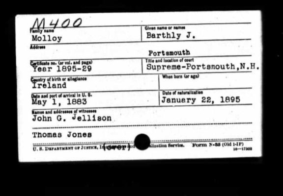 Barthly left his home in Ireland at age 20, securing this United States immigration and naturalization card record | ancestry.com
