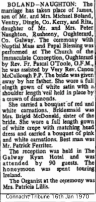 Rita Naughton & Jim Boland Wedding 1970 | The Connacht Tribune 16 Jan 1970