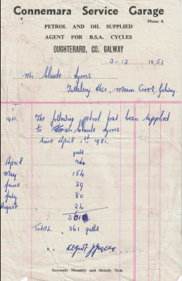 Connemara Service Garage receipt from 1951