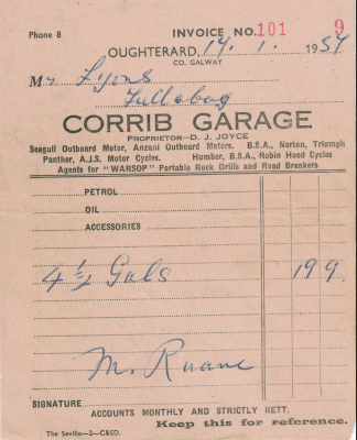 Corrib Garage Receipt 1957 Prop: Malachy Ruane | Leslie Lyons