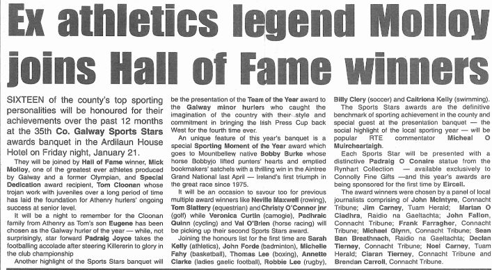 Ex athletics legend Molloy joins Hall of Fame winners | Connacht Tribune & The Molloy Family