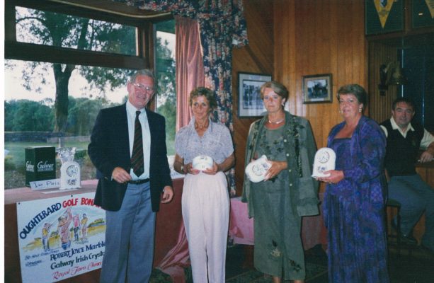3rd Prize Rosses Point GC Ed Taylor presenting prizes to Arlene Palmer, Gay Hynes, Louis Walsh missing from photo and Valarie O'Toole Oughterard GC, John Waters sitting at the side.