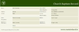 Baptism Record for  John Conneely 1865