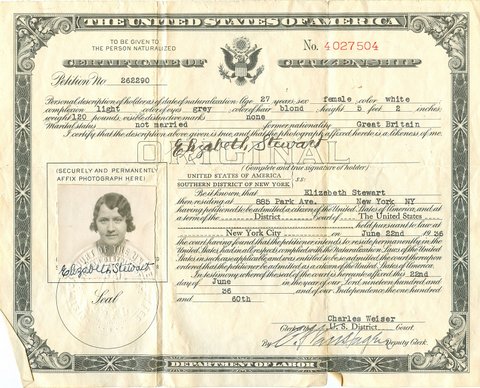 Elizabeths citizenship papers. 1936
